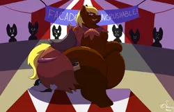 Size: 4824x3124 | Tagged: suggestive, artist:facade, derpibooru import, oc, oc:facade, oc:joey butterscotch, pony, belly, big belly, circus, circus tent, faceful of ass, facesitting, fat, gay, large butt, male, male facesitting, obese, saddle, spotlight, tack, thighs, thunder thighs