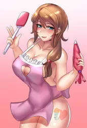 Size: 800x1170 | Tagged: anime, apron, artist:tzc, big breasts, blushing, breasts, busty cream heart, clothes, cutie mark on human, derpibooru import, female, gradient background, human, humanized, icing bag, looking at you, milf, naked apron, oc, oc:cream heart, open mouth, solo, stupid sexy cream heart, suggestive, unofficial characters only