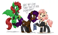 Size: 5000x3000 | Tagged: safe, artist:flutterthrash, derpibooru import, oc, oc:berry mocha, oc:lizzie, oc:watermelon frenzy, unofficial characters only, earth pony, unicorn, vampire bat pony, bracelet, brown coat, clothes, collar, concert, cream coat, cutie mark, ear piercing, earring, fangs, green coat, jewelry, metal, outfit, patch, piercing, pink mane, purple eyes, purple mane, red eyes, red mane, smug, socks, spiked collar, spiked tail tie, spiked wristband, stockings, text, thigh highs, vest, worried, wristband, yellow eyes