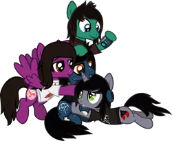 Size: 2317x1897 | Tagged: safe, artist:lightningbolt, derpibooru import, ponified, ponified:kellin quinn, ponified:oliver sykes, earth pony, pegasus, pony, undead, unicorn, zombie, zombie pony, .svg available, bone, brothers, camera, clothes, disguise, disguised siren, fangs, flying, frown, group, group hug, hair over one eye, hape, hoof hold, horn, hug, lip piercing, long sleeves, looking down, male, nose piercing, piercing, prone, scar, shirt, siblings, simple background, sitches, sitting, smiling, stallion, svg, t-shirt, tom sykes, transparent background, vector, vic fuentes, wings
