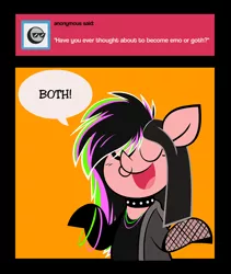Size: 1200x1425 | Tagged: safe, artist:footsam, derpibooru import, pinkie pie, earth pony, pony, ask pinkie pie and tornado, alternate hair color, ask, black mane, choker, clothes, colored, dyed mane, emo, eyes closed, fishnets, flat colors, glow bracelets, glowstick, goth, highlights, jacket, nose piercing, nose ring, open mouth, orange background, piercing, simple background, solo, speech bubble, spiked choker, tumblr