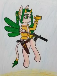 Size: 774x1033 | Tagged: artist:dice-warwick, bicorn, clothes, derpibooru import, ear piercing, fallout equestria, gun, horn, hybrid, jacket, jewelry, multiple horns, ncr, ncr ranger, oc, oc:bridget gunrunner, older, piercing, ponygriff, ring, safe, solo, spyglass, traditional art, unofficial characters only, weapon