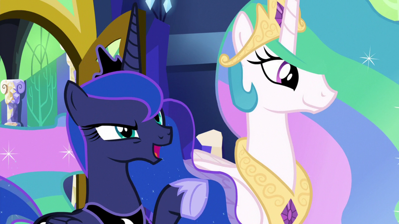 Size: 1920x1080 | Tagged: safe, derpibooru import, screencap, princess celestia, princess luna, alicorn, pony, between dark and dawn, chestplate, crown, duo, ethereal mane, ethereal tail, female, flowing mane, flowing tail, hoof shoes, jewelry, multicolored mane, multicolored tail, peytral, pointing, raised eyebrow, raised hoof, regalia, royal sisters, siblings, sisters, smiling, talking, twilight's castle