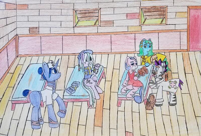 Size: 1024x696 | Tagged: safe, artist:dice-warwick, derpibooru import, oc, oc:harp melody, oc:jali, oc:prism paint, oc:slowtrot, oc:star charter, earth pony, ghoul, undead, zebra, fallout equestria, artificial alicorn, clinic, doctor, mirage pony, new appleloosa, nurse, traditional art, zebra oc