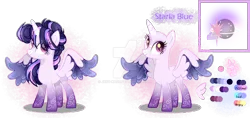 Size: 1280x604 | Tagged: safe, artist:jxst-kash, derpibooru import, oc, oc:starla blue, alicorn, pony, base used, color palette, colored wings, eye clipping through hair, female, magical lesbian spawn, multicolored wings, offspring, parent:princess luna, parent:twilight sparkle, parents:twiluna, reference sheet, wings