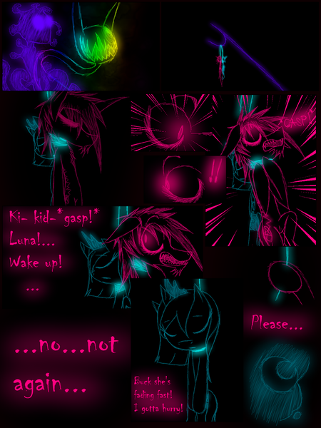 Size: 1200x1600 | Tagged: safe, artist:didun850, derpibooru import, oc, oc:chase, alicorn, pony, shadow pony, comic:ask chase the pony, comic, crescent moon, dialogue, female, filly, glowing eyes, hanging, hanging (by neck), lineart, male, moon, stallion