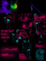 Size: 1200x1600 | Tagged: safe, artist:didun850, derpibooru import, oc, oc:chase, alicorn, pony, shadow pony, comic:ask chase the pony, comic, crescent moon, dialogue, female, filly, glowing eyes, hanging, hanging (by neck), lineart, male, moon, stallion