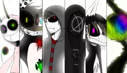 Size: 1300x752 | Tagged: safe, artist:didun850, derpibooru import, oc, oc:chase, unofficial characters only, earth pony, human, pony, shadow pony, adventure time, anthro with ponies, black sclera, clothes, earth pony oc, eye clipping through hair, five nights at freddy's, glowing eyes, grin, heterochromia, hoodie, male, smiling, stallion