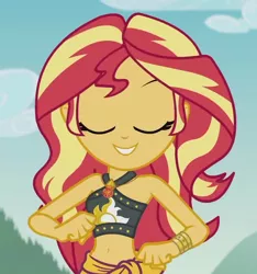 Size: 978x1046 | Tagged: safe, derpibooru import, screencap, sunset shimmer, equestria girls, equestria girls series, unsolved selfie mysteries, belly button, bikini, bikini babe, clothes, cropped, cute, eyes closed, female, geode of empathy, magical geodes, midriff, outdoors, sarong, shimmerbetes, sleeveless, smiling, solo, swimsuit