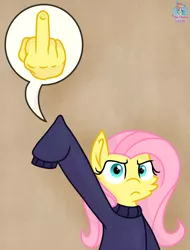 Size: 1026x1351 | Tagged: safe, artist:rainbow eevee, derpibooru import, fluttershy, pony, angry, clothes, female, finger, hand, hiding, looking at you, middle finger, simple background, solo, sweater, sweatershy, vulgar, wat