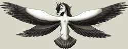 Size: 1024x399 | Tagged: safe, artist:bootsdotexe, derpibooru import, oc, oc:aurora concordia, unofficial characters only, alicorn, pony, seraph, seraphicorn, alicorn oc, curved horn, female, four wings, horn, looking up, mare, multiple wings, spread wings, tail feathers, tan background, top down, wings