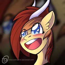 Size: 1024x1024 | Tagged: safe, artist:obscuredragone, derpibooru import, oc, oc:silver veil, pony, unicorn, big eyes, blushing, brown hair, brown mane, commission, ear fluff, female, grin, happy, horns, mare, open mouth, smiley face, smiling, solo, ych result
