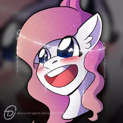 Size: 1024x1024 | Tagged: safe, artist:obscuredragone, derpibooru import, oc, oc:reformed windigo, unofficial characters only, pony, unicorn, windigo, big eyes, blushing, commission, cute, ear fluff, female, halo, happy, mare, open mouth, pink hair, pink mane, reformed, smiley face, solo, windigo oc, ych result