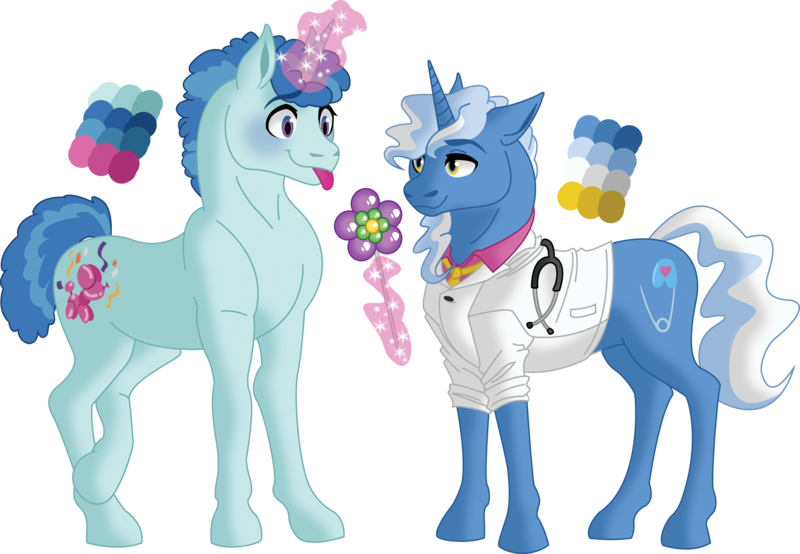 Size: 4489x3110 | Tagged: safe, artist:songbirddeige, derpibooru import, party favor, pokey pierce, pony, unicorn, balloon, blushing, crack shipping, gay, glowing horn, headcanon in the description, horn, magic, male, pokeyfavor, reference sheet, shipping, simple background, stallion, stethoscope, tongue out, transparent background