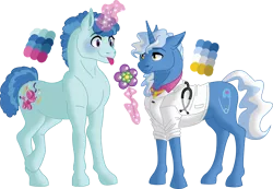 Size: 4489x3110 | Tagged: safe, artist:songbirddeige, derpibooru import, party favor, pokey pierce, pony, unicorn, balloon, blushing, crack shipping, gay, glowing horn, headcanon in the description, horn, magic, male, pokeyfavor, reference sheet, shipping, simple background, stallion, stethoscope, tongue out, transparent background