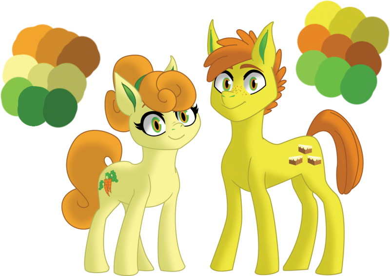 Size: 5974x4230 | Tagged: safe, artist:songbirddeige, derpibooru import, carrot cake, carrot top, golden harvest, pony, headcanon, siblings, simple background, transparent background