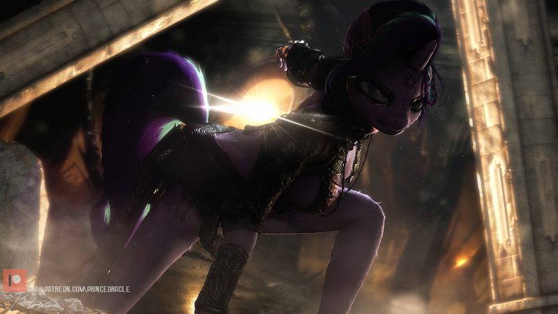 Size: 1920x1080 | Tagged: 3d, angry, anthro, artist:princeoracle, breasts, crouching, derpibooru import, dramatic, enchantress, magic wand, revealing clothing, safe, sideboob, solo, starlight glimmer