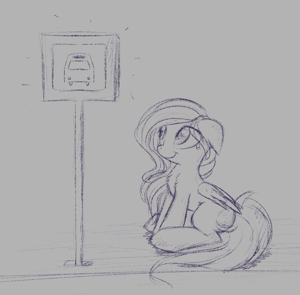 Size: 1101x1083 | Tagged: safe, artist:autumnvoyage, derpibooru import, fluttershy, pegasus, pony, bus stop, female, mare, monochrome, road, sign, sitting, sketch, solo