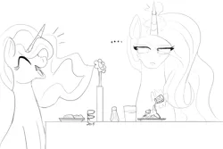 Size: 1500x1000 | Tagged: safe, artist:riggyrag, derpibooru import, princess celestia, princess luna, alicorn, pony, /mlp/, annoyed, black and white, dinner, eyes closed, female, flower, food, glass, grayscale, laughing, levitation, magic, magic aura, mare, monochrome, prank, request, royal sisters, salt, salt shaker, siblings, signature, simple background, sisters, smiley face, table, telekinesis, white background