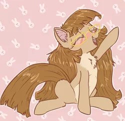 Size: 2060x2000 | Tagged: safe, artist:kamikazelenna, derpibooru import, oc, oc:lenna, unofficial characters only, earth pony, pony, abstract background, adorkable, blushing, chest fluff, cute, dork, ear fluff, eyes closed, female, fluffy, glasses, long mane, mare, pale belly, pigtails, raised hoof, sitting, smiling, solo, twintails