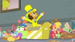 Size: 1920x1080 | Tagged: safe, derpibooru import, screencap, cheese sandwich, earth pony, pony, the last laugh, clothes, hat, male, rubber chicken, spread hooves, stallion, suit, top hat