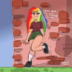 Size: 8000x8000 | Tagged: absurd resolution, artist:kackysocks, brick wall, clothes, colored, derpibooru import, dialogue, faic, graffiti, grass, human, humanized, leaning, rainbow dash, safe, shirt, shoes, shorts, sky, smug, smugdash, sneakers, socks, t-shirt