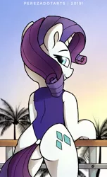 Size: 435x717 | Tagged: suggestive, alternate version, artist:perezadotarts, derpibooru import, rarity, semi-anthro, unicorn, artwork, ass, bedroom eyes, butt, buttcheeks, clothes, colored, cutie mark, digital art, dock, eyes half closed, female, fence, human shoulders, humanoid torso, lewd, looking back, mare, one-piece swimsuit, palm tree, railing, silhouette, simple background, sky, smiling, solo, swimsuit, swimsuit edit, tail, text, thong swimsuit, tree