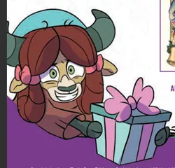 Size: 353x339 | Tagged: artist:nanook123, bow, cloven hooves, derpibooru import, female, hair bow, idw, monkey swings, nervous, preview, safe, spoiler:comic, spoiler:comicholiday2019, yak, yona