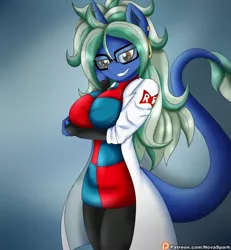 Size: 2400x2600 | Tagged: alternate hairstyle, android 21, anthro, artist:novaspark, clothes, costume, derpibooru import, dragon ball fighterz, ear piercing, earring, fangs, glasses, jewelry, lab coat, looking at you, monster mare, monster pony, oc, oc:nova spark, original species, piercing, safe, smiling, solo, tatzlpony, unofficial characters only
