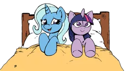 Size: 1033x583 | Tagged: safe, artist:joey darkmeat, derpibooru import, edit, trixie, twilight sparkle, pony, unicorn, bed, cropped, cute, doll, female, lesbian, mare, open mouth, plushie, shipping, simple background, smiling, toy, transparent background, twidoll, twixie