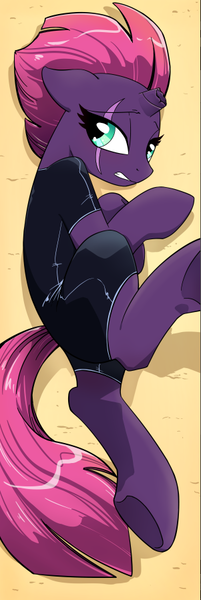 Size: 301x898 | Tagged: safe, artist:yukandasama, derpibooru import, tempest shadow, pony, unicorn, barehoof, broken horn, clothes, cute, eye scar, female, floppy ears, gritted teeth, horn, looking at you, looking sideways, mare, one-piece swimsuit, scar, side, solo, swimsuit, underhoof