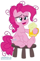 Size: 1900x2881 | Tagged: safe, artist:kuren247, derpibooru import, pinkie pie, earth pony, pony, alcohol, beer, blushing, drunk, drunkie pie, frizzy hair, mug, simple background, solo, stool, transparent background, vector