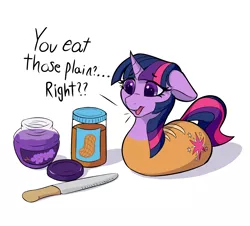 Size: 2100x1900 | Tagged: safe, artist:sinnah, derpibooru import, twilight sparkle, ponified, bread pony, food pony, original species, pony, unicorn, adorable distress, bread, concerned, cute, dialogue, food, food transformation, implied vore, jam, knife, literal, not salmon, peanut butter, peanut butter jelly time, ponyloaf, solo, transformation, wat