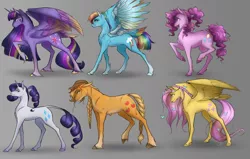 Size: 1650x1050 | Tagged: safe, artist:bootsdotexe, derpibooru import, applejack, fluttershy, pinkie pie, rainbow dash, rarity, twilight sparkle, twilight sparkle (alicorn), alicorn, earth pony, pegasus, pony, seraph, seraphicorn, unicorn, comic:beyond our borders, alternate universe, amputee, artificial wings, augmented, backwards cutie mark, braid, braided tail, colored wings, colored wingtips, female, four wings, gray background, leonine tail, mane six, mare, multiple wings, prosthetic limb, prosthetic wing, prosthetics, realistic horse legs, simple background, tail feathers, unshorn fetlocks, wings