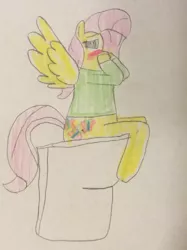 Size: 772x1034 | Tagged: safe, artist:snipiper, derpibooru import, fluttershy, pegasus, pony, blushing, but why, embarrassed, female, flutterpiss, implied pissing, solo, toilet, traditional art