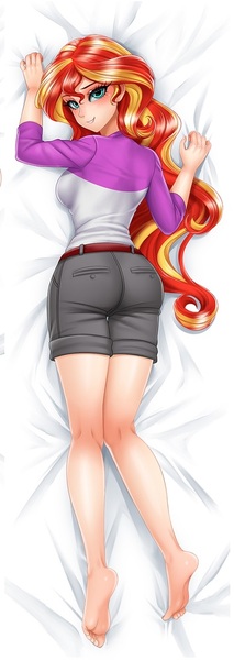 Size: 354x998 | Tagged: safe, artist:racoonsan, derpibooru import, edit, editor:thomasfan45, sunset shimmer, human, equestria girls, anime, ass, ass line, barefoot, bedroom eyes, belt, blushing, body pillow, body pillow design, butt, camp everfree outfits, camp shorts, clothes, feet, female, hips, legs, lidded eyes, looking at you, looking back, looking back at you, looking over shoulder, sexy, sheet grab, shorts, smiling, solo, tomboy