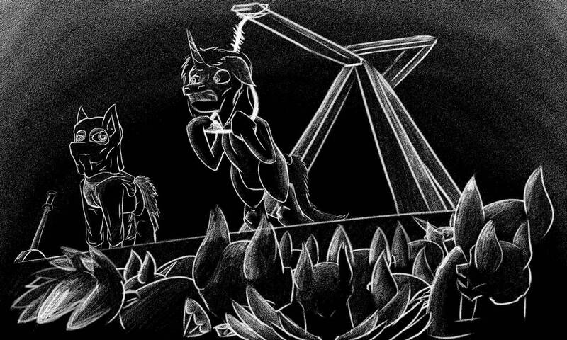 Size: 1154x692 | Tagged: safe, artist:khaki-cap, derpibooru import, earth pony, gryphon, pegasus, pony, unicorn, black and white, black background, digital, execution, gallows, grayscale, hanging, hanging (by neck), monochrome, noose, rope, simple background, sketch