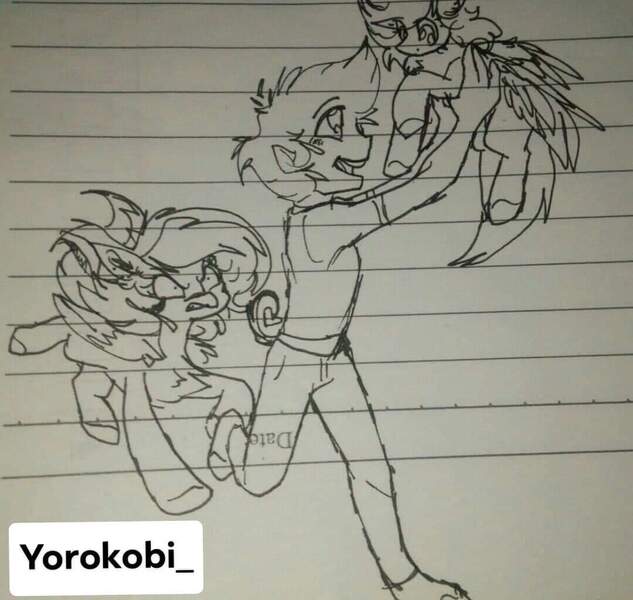 Size: 1080x1024 | Tagged: safe, artist:jj_potatoes, derpibooru import, oc, oc:jj younque, oc:sereluna younque, human, hybrid, original species, pegasus, pony, lined paper, monochrome