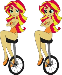 Size: 452x545 | Tagged: safe, artist:erichgrooms3, artist:selenaede, derpibooru import, sunset shimmer, equestria girls, arms folded, bare arms, bare shoulders, base used, clothes, cute, female, legs, leotard, raised eyebrow, sexy, shimmerbetes, shoes, simple background, sitting, smiling, smirk, solo, transparent background, unicycle, vector