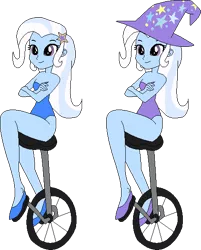 Size: 465x577 | Tagged: safe, alternate version, artist:erichgrooms3, artist:selenaede, derpibooru import, trixie, equestria girls, arms folded, bare arms, bare shoulders, barrette, base used, clothes, cute, diatrixes, female, hat, legs, leotard, sexy, shoes, sitting, smiling, solo, thighs, trixie's hat, unicycle