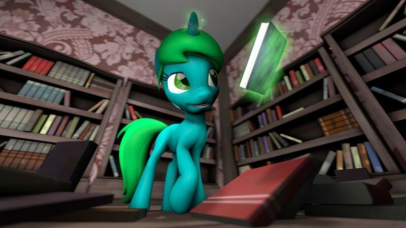 Size: 1024x576 | Tagged: safe, artist:fishiewishes, derpibooru import, oc, oc:kimi, unofficial characters only, pony, unicorn, 3d, book, bookshelf, female, library, magic, mare, solo, source filmmaker, telekinesis