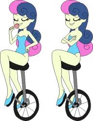 Size: 422x550 | Tagged: safe, artist:erichgrooms3, artist:selenaede, derpibooru import, bon bon, sweetie drops, equestria girls, adorabon, arms folded, bare arms, bare shoulders, base used, candy, clothes, cute, eating, eyes closed, female, food, hand on hip, legs, leotard, licking, lollipop, sexy, shoes, simple background, sitting, smiling, solo, tongue out, transparent background, unicycle, vector