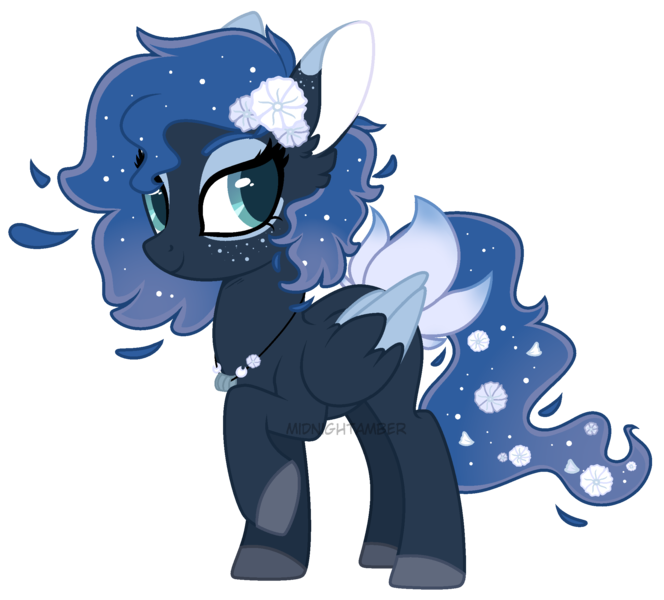 Size: 2170x1961 | Tagged: safe, artist:midnightamber, derpibooru import, oc, oc:moonstone orchard, unofficial characters only, deer, deer pony, original species, pegasus, pony, base used, ethereal mane, female, floppy ears, flower, flower in hair, flowing mane, flowing tail, freckles, interspecies offspring, mare, moon flowers, next generation, offspring, parent:gray forest dweller, parent:princess luna, raised hoof, simple background, solo, transparent background