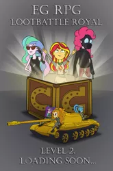 Size: 726x1100 | Tagged: safe, artist:bredgroup, artist:sirvalter, derpibooru import, adagio dazzle, aria blaze, pinkie pie, princess celestia, sonata dusk, sunset shimmer, comic:eg rpg lootbattle royal, equestria girls, announcement, comic, crossover, cyberpunk 2077, dark souls, loot box, metal gear solid 5, praise the sun, principal celestia, psycho mantis, solaire of astora, world of tanks