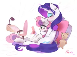 Size: 2956x2203 | Tagged: safe, artist:nevobaster, derpibooru import, rarity, sweetie belle, pony, unicorn, abstract background, chair, cute, daaaaaaaaaaaw, diasweetes, eyes closed, female, filly, hug, hug from behind, lamp, levitation, magic, mare, misleading thumbnail, music notes, picture frame, plushie, sharing headphones, siblings, sisters, sitting, smiling, teddy bear, telekinesis, wholesome