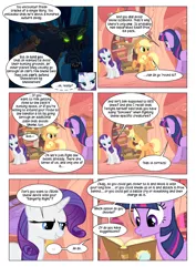 Size: 868x1228 | Tagged: annoyed, applejack, artist:dziadek1990, comic, comic:sunny day, conversation, derpibooru import, dialogue, dungeons and dragons, edit, edited screencap, golden oaks library, library, look before you sleep, pen and paper rpg, rarity, rpg, safe, screencap, screencap comic, slice of life, tabletop game, text, timber wolf, twilight sparkle