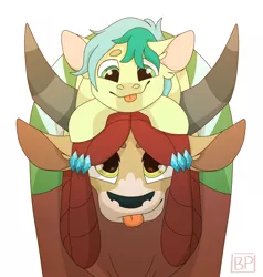 Size: 1900x2000 | Tagged: safe, artist:glitterstar2000, derpibooru import, sandbar, yona, earth pony, pony, yak, the last problem, :p, beanbrows, cute, ear fluff, eyebrows, female, male, older, older sandbar, older yona, ponies riding yaks, quadrupedal, sandabetes, shipping, simple background, stallion, straight, tongue out, white background, yonabar, yonadorable