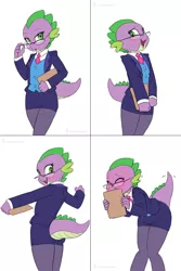 Size: 1272x1902 | Tagged: adorkable, anthro, artist:carnifex, assistant, barb, barbabetes, blushing, clothes, cute, derpibooru import, dork, female, glasses, miniskirt, moe, pantyhose, rule 63, rule63betes, safe, skirt, solo, spike, suit, thighs, tights