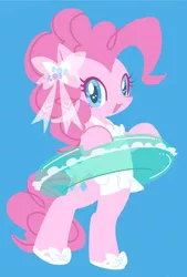 Size: 400x592 | Tagged: safe, artist:ymnsk, derpibooru import, pinkie pie, pony, bipedal, blue background, bow, clothes, cute, diapinkes, frilled swimsuit, hair bow, inflatable, inner tube, one-piece swimsuit, open mouth, shoes, simple background, solo, swimsuit, white swimsuit