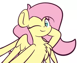 Size: 2048x1689 | Tagged: safe, artist:kimjoman, derpibooru import, fluttershy, pegasus, pony, chest fluff, commission, cute, female, looking at you, mare, one eye closed, shyabetes, simple background, solo, spread wings, white background, wings, wink, ych example, your character here